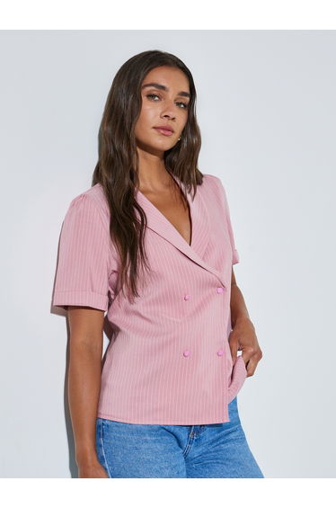 Pink Striped Lapel Collar Wrap Top with Double-Breasted Button