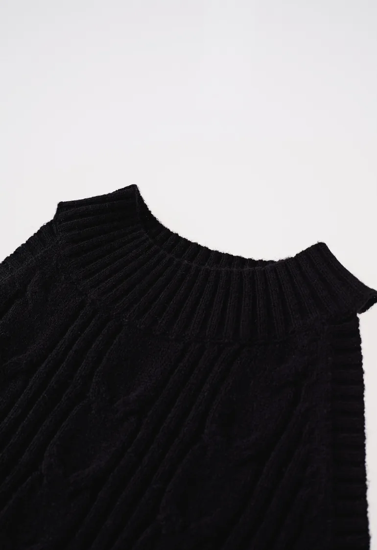 Elevated Mock Neck Belt Cable Knit Top in Black for Daily Layering & Office Casual - 3