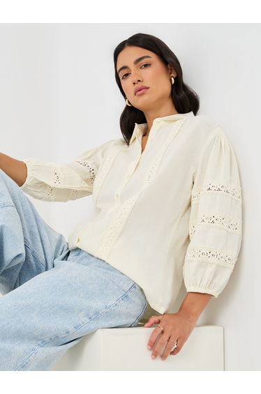 Lace Insert Cuffed Sleeves Buttoned Top