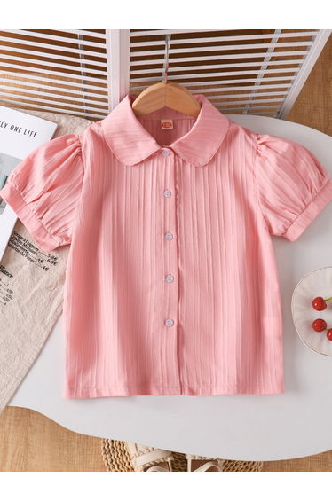 Girls Pink Textured Puff Sleeve Shirt
