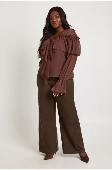 Plus Chiffon Ruffle Front Blouse - chocolate