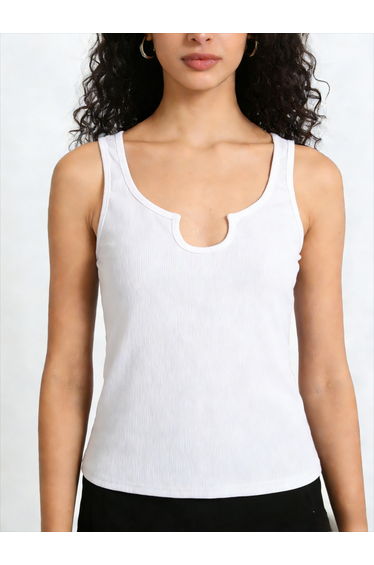 White Solid Notch Neck Tank Top