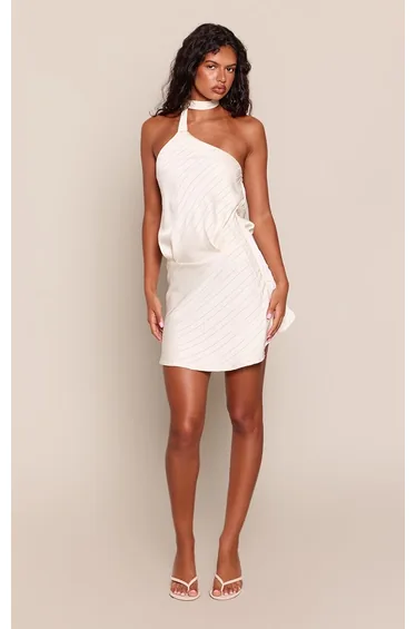 Cream Satin Stripe Tie Detail Mini Dress