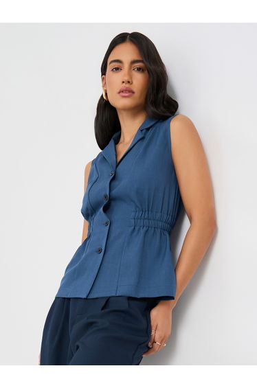 Solid Notch Lapel Waistcoat with Elasticated Waist Detail