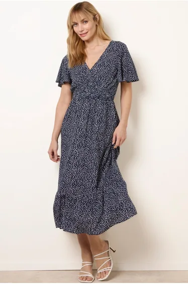 Angel Sleeve Shirred Waist Tier Hem Midi Dress