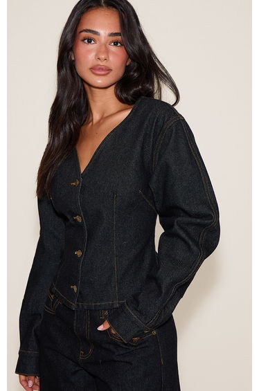 Petite Dark Indigo Gold Button Up Cocoon Sleeve Denim Jacket