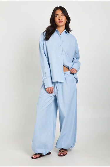 Linen Look Tie Cuff Trousers - blue