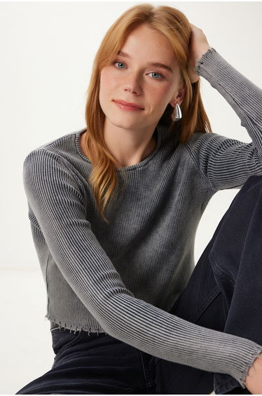 Women's Anthracite Washed Ribbed Knit Crop Blouse