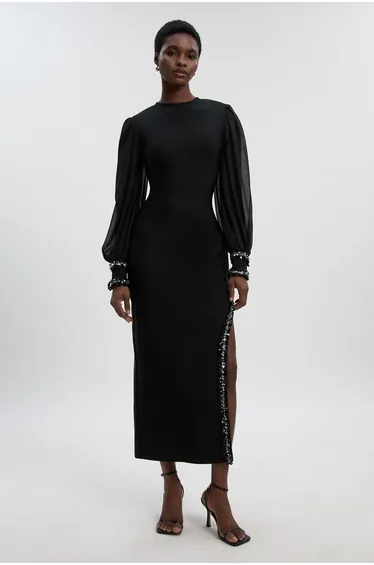 فستان بأكمام شيفون مزين بأحجار - للمقاسات الصغيرة