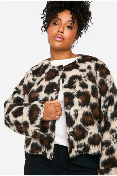Plus Leopard Collarless Wool Jacket