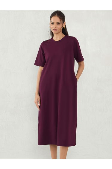 Burgundy Solid Knit Shift Midi Dress with Slit Detail