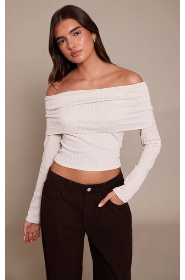 Stone Textured Cable Fold Over Bardot Long Sleeve Top