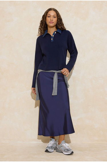 Navy Blue*001 Denim Paneled Polo Neck Knitwear Sweater