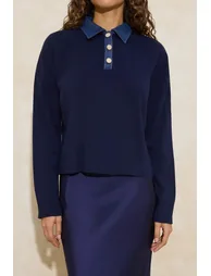 Navy Blue*001 Denim Paneled Polo Neck Knitwear Sweater - 2