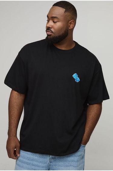 Plus Oversized Plus Blue Dice Embroidered T-shirt In Black - black