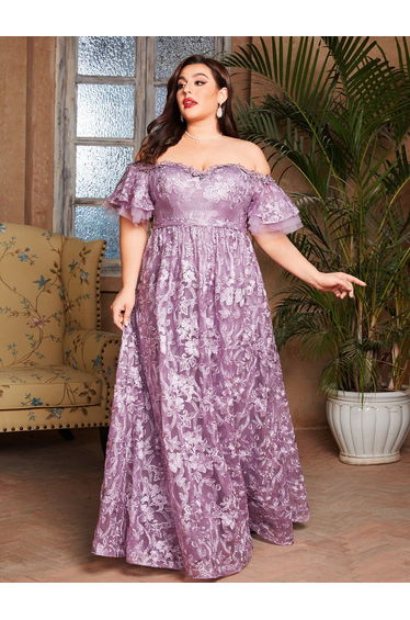 Leely Plus Off-the-Shoulder Tulle Prom Dress in Lavender