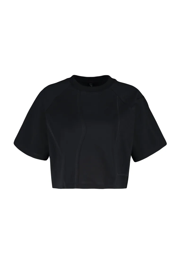 Black 100% Cotton Cutout Detailed Relaxed Crop Knitted T-Shirt - 6