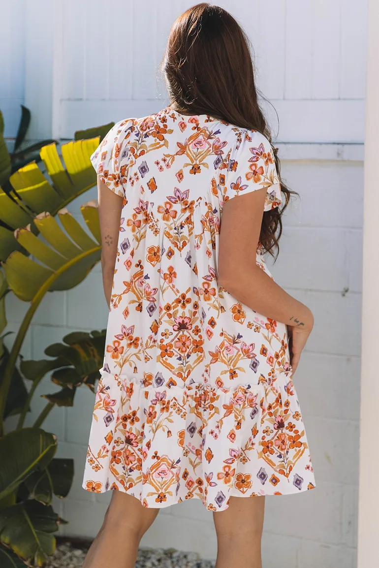 Lvness Apricot Floral Geometric Print Ruffled Trim Flutter Sleeve Mini Dress - 4