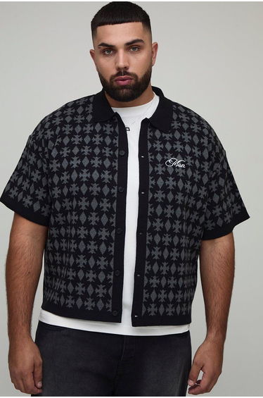 Plus Oversized Boxy Fit Jacquard Patch Knitted Shirt - black