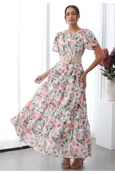 Blushing Pink Floral Eyelet Embroidered Maxi Dress