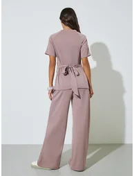 Solid Back Tie Strap Top and Wide Leg Pants Co-Ords - 4