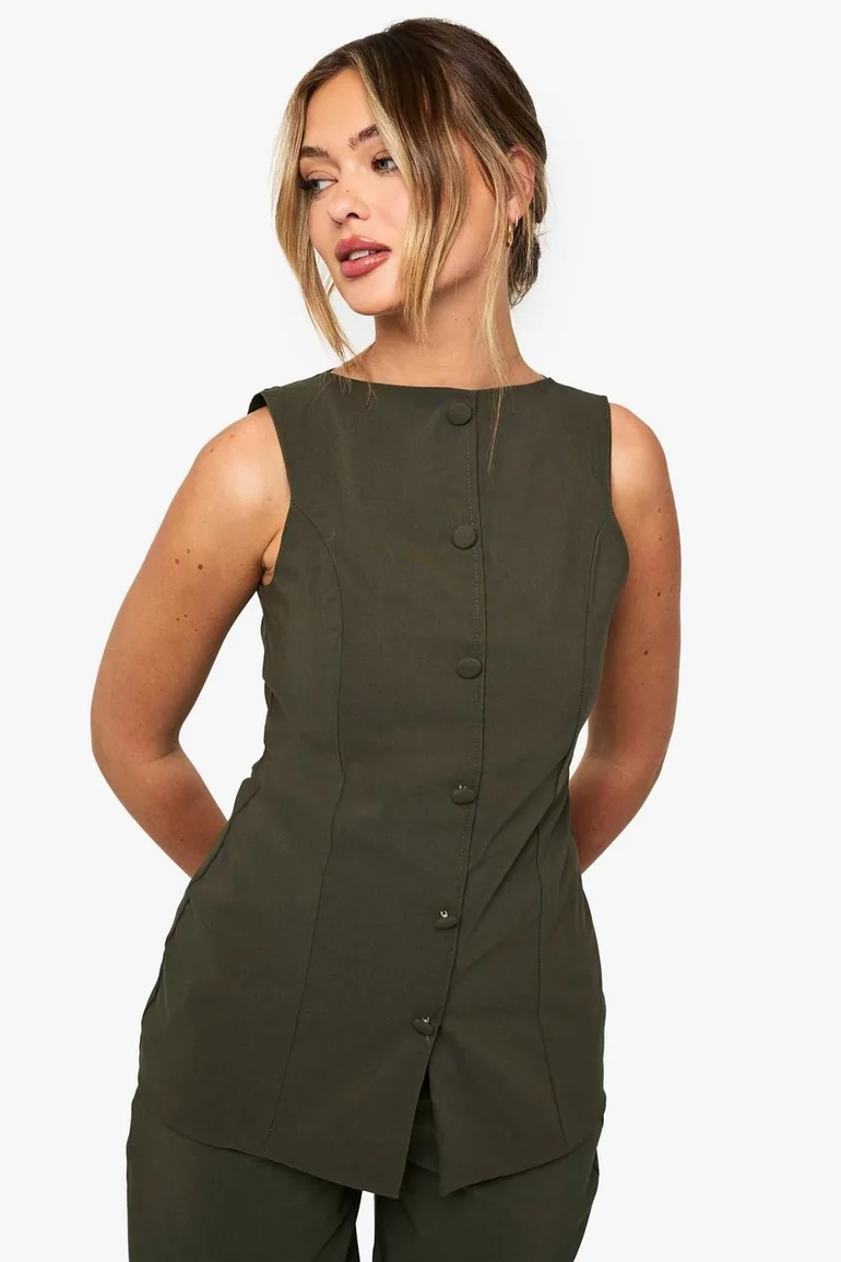 Super Stretch Fitted Longline Waistcoat - khaki