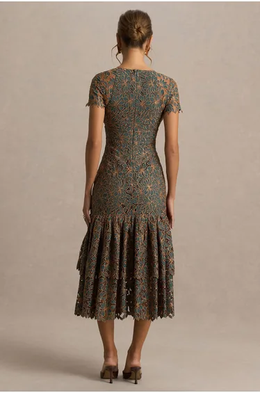 Sabrina | Dark Green And Rust Embroidered Plunge-Neck Midi Dress