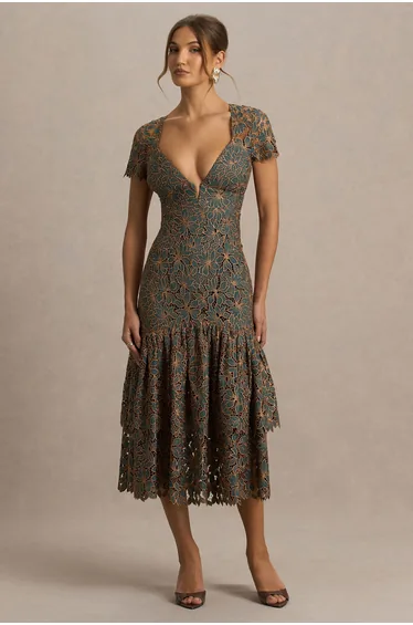 Sabrina | Dark Green And Rust Embroidered Plunge-Neck Midi Dress