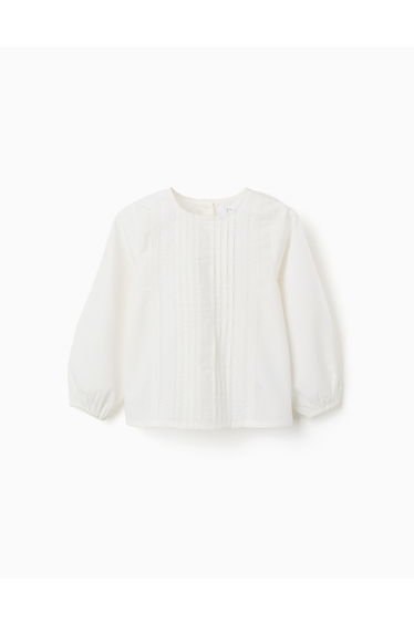 Long sleeve poplin blouse with front pleats for girls white