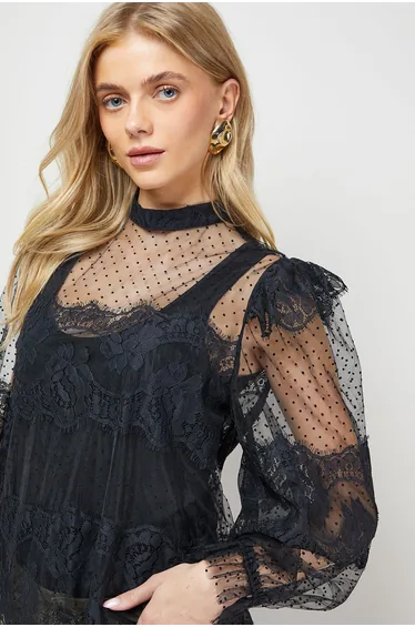 Lace Frill Detail High Neck Sheer Blouse