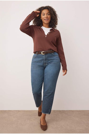 Blue Rise Waist Destroy Detailed Mom Fit Denim Plus Size Jean