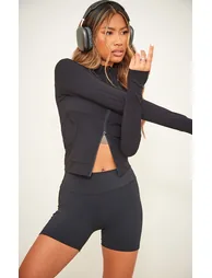 Black Sculpt Pocket Front Double Zip Up Jacket - 5