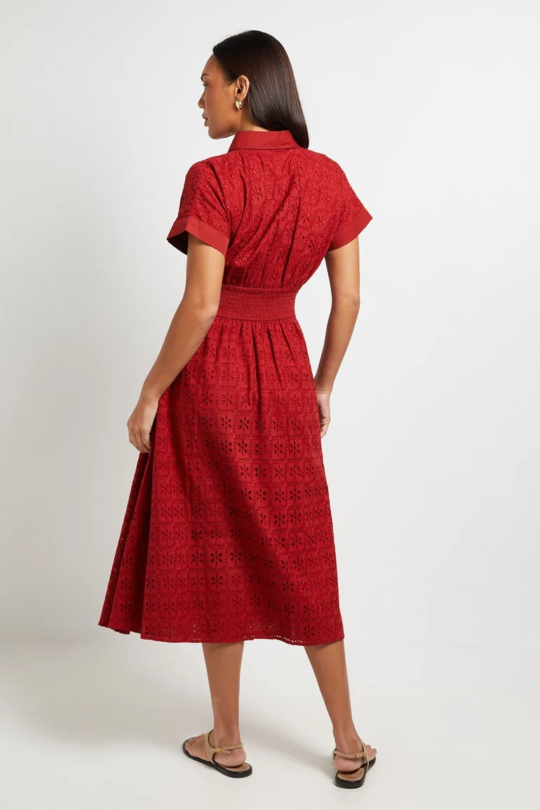 Broderie Short Sleeve Midi Dress - 2