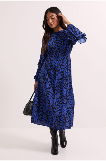 Petite Printed Ruffle Blouson Sleeve Empire Seam Midi Dress