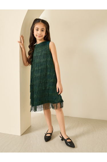 Dark Green Sleeveless Fringed A-Line Dress