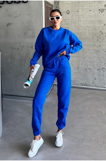 Sax Blue Crew Neck Plain Oversize Bottom-Top Tracksuit Set