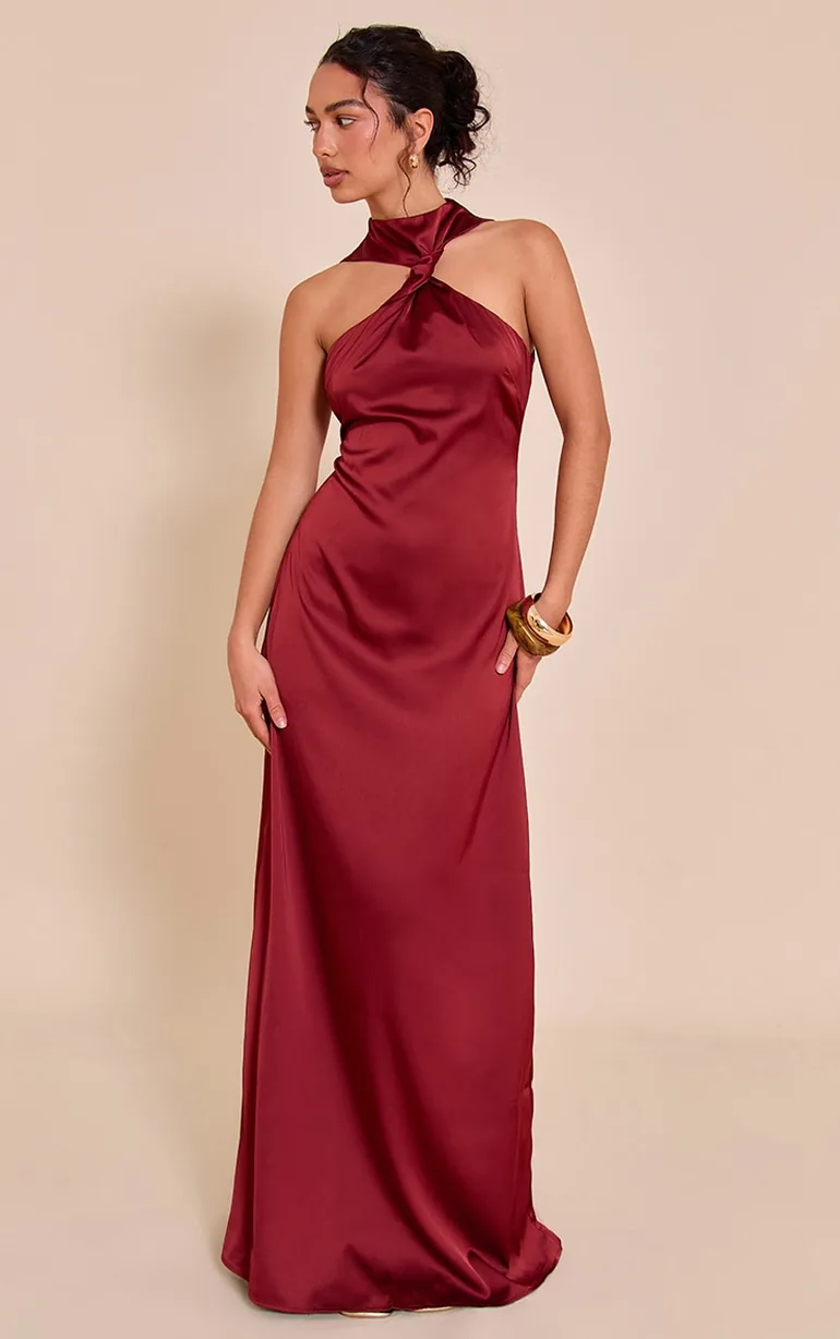 burnt red maxi dress Mocha PrettyLittleThing Shape Burnt Orange Slinky Plunge Halterneck Maxi Dress