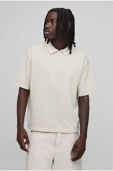 Oversized Boxy 1/4 Zip Cotton Blend Knitted Polo - stone