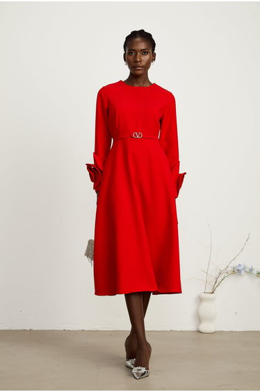 Aurelia red long-sleeve dress with floral embellishments
