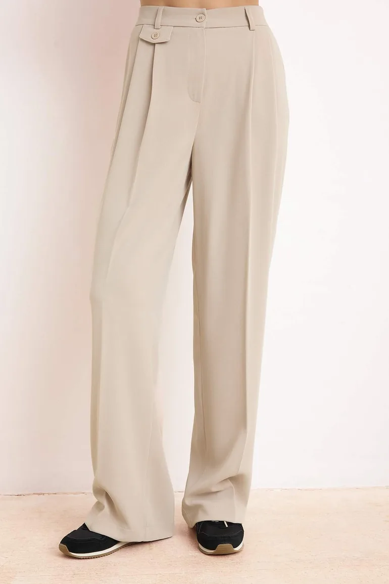 Beige Premium Draped Wide Leg /Wide Leg Fabric Trousers - 2