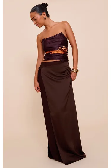 Chocolate Satin Wrap Detail Chiffon Maxi Skirt