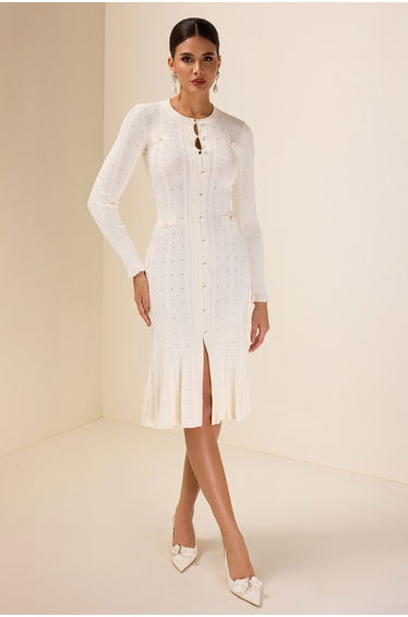 Véronique Long Sleeve Midi Dress in Beige