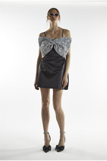 Black Silver Sequin Bow Mini-Dress
