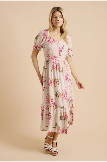 Cream Floral Button Front Frill Puff Sleeve Midi Dress