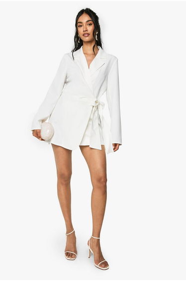 Wrap Drape Front Tailored Blazer Dress - ivory
