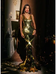 Azuria V Neck Scale Maxi Dress In Gold
