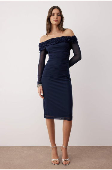 Navy Blue Plain Rose Detailed Knitted Tulle Midi Lined Cocktail Dress