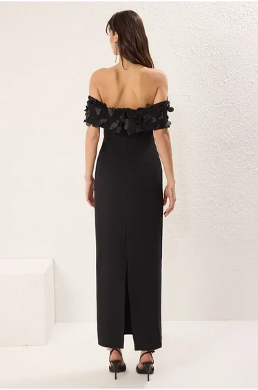 Black Straight Straight Cut Flower Applique Woven Finike Maxi Evening Dress & Homecoming Dress