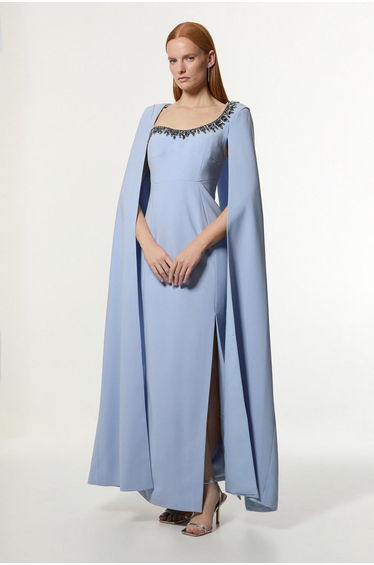 Crystal Embellished Viscose Crepe Woven Cape Maxi Dress