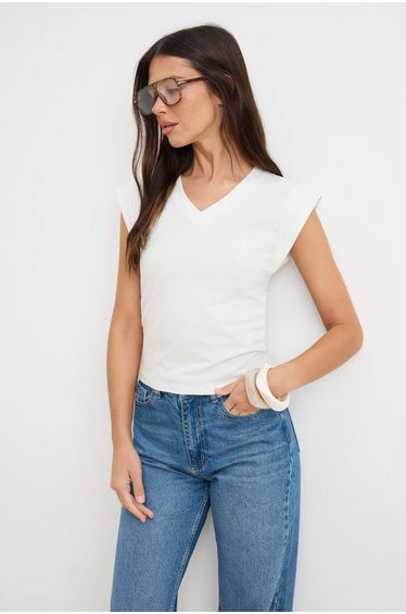 Ecru Regular/Normal Fit V-Neck Ay Sleeve Short Sleeve Cotton Rib Knit Knitted T-Shirt